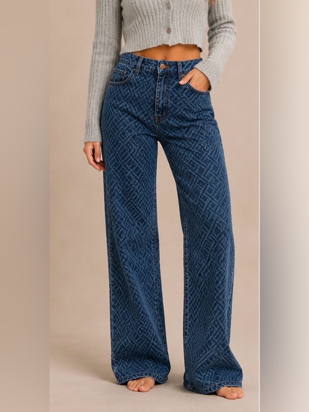 Flying Angel Blue Embroidered Wide Leg Jeans